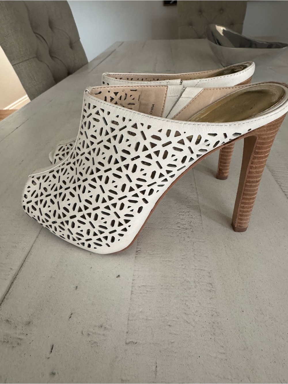 Vince Camuto Jaso White Laser Cut Leather Peep Toe Mule Heels | Size 7 / EU 37